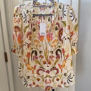 Rose & Olive Cream Floral Peasant Blouse with Pink and Orange Accents